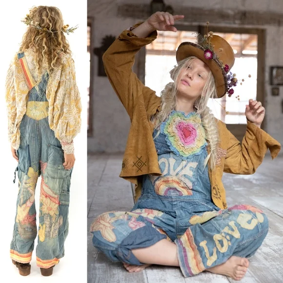New Magnolia Pearl Love Applique Overalls Woodstock 032 Overall Denim Jeans jean - Picture 4 of 17